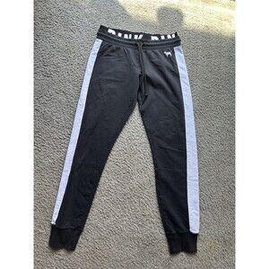 Victoria Secret PINK L Black Sweatpants Dog Logo Faux Leather Stripes Women’s